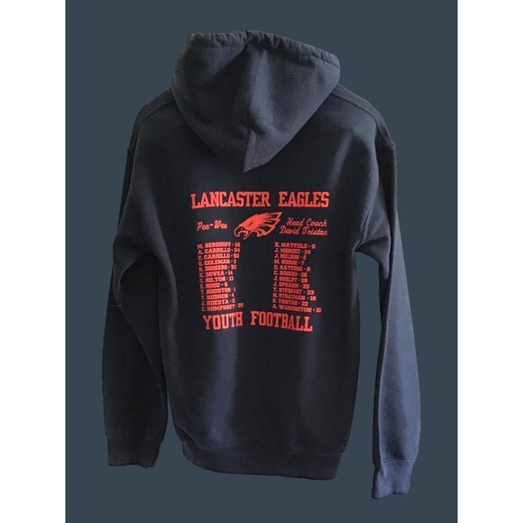 GILDAN- MENS BLUE FRONT & BACK GRAPHIC LONG SLEEVE PULLOVER HOODIE SIZE SMALL - Picture 2 of 6